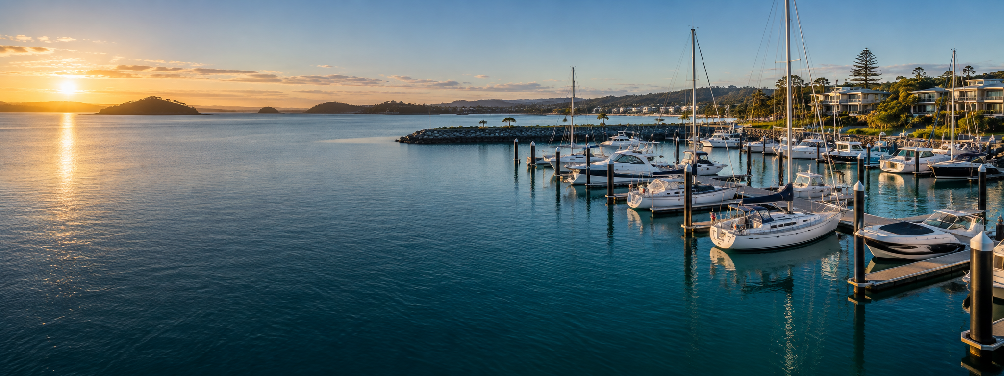 Boats moored in a coastal marina beside waterfront homes